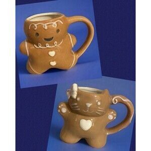 Set of Peppermint & Pine 3D Gingerbread Cat & Man Mugs 16oz Hand-painted